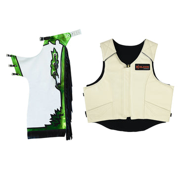 HILASON Western Horse Bull Riding Safety Leather Protective Vest & Rodeo Chaps Combo